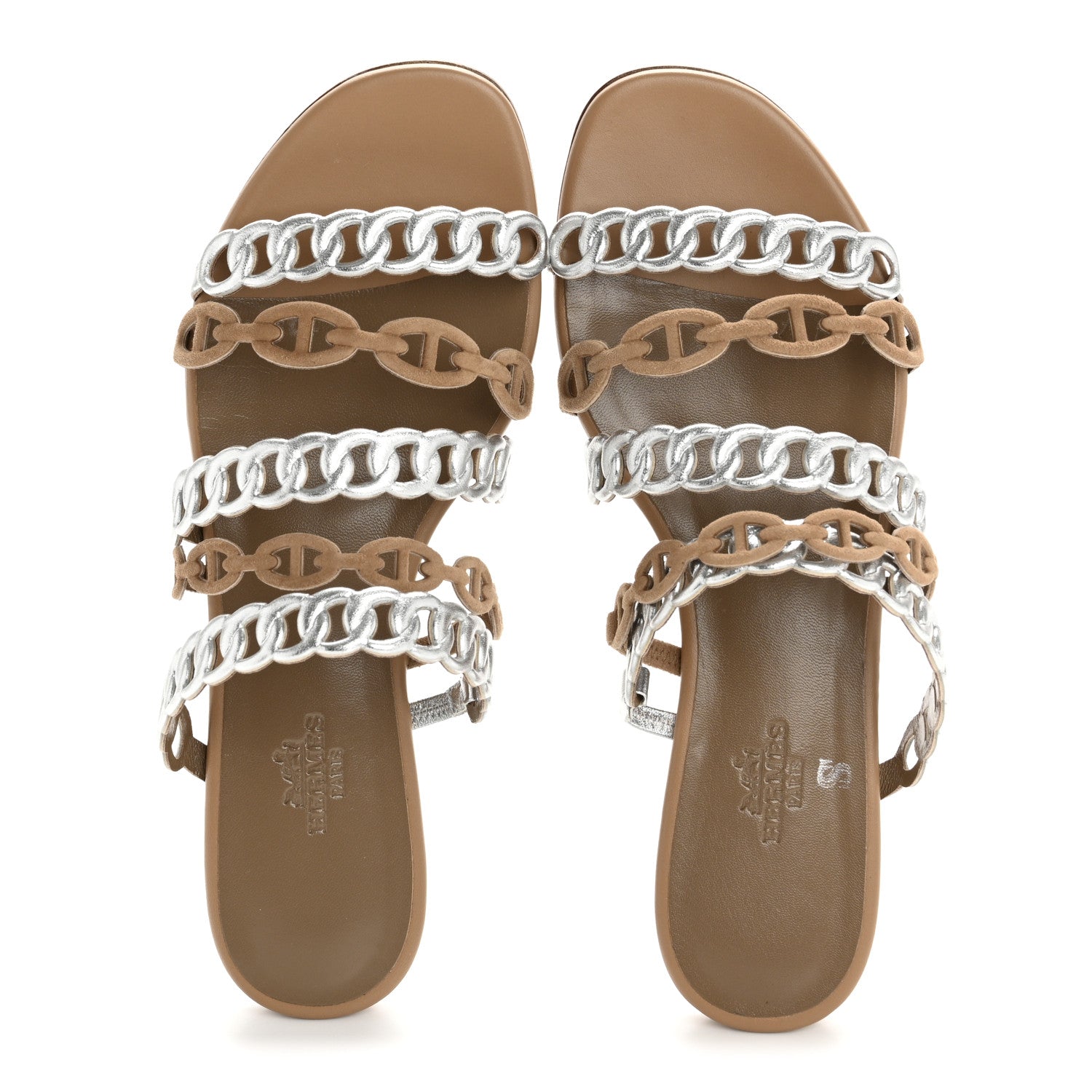 Hermes Metallic Nappa Suede Chaine d'Ancre Nude Sandals 36 Beige Sable Gris Argente 2 of 10