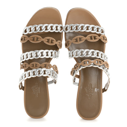 Hermes Metallic Nappa Suede Chaine d'Ancre Nude Sandals 36 Beige Sable Gris Argente 2 of 10