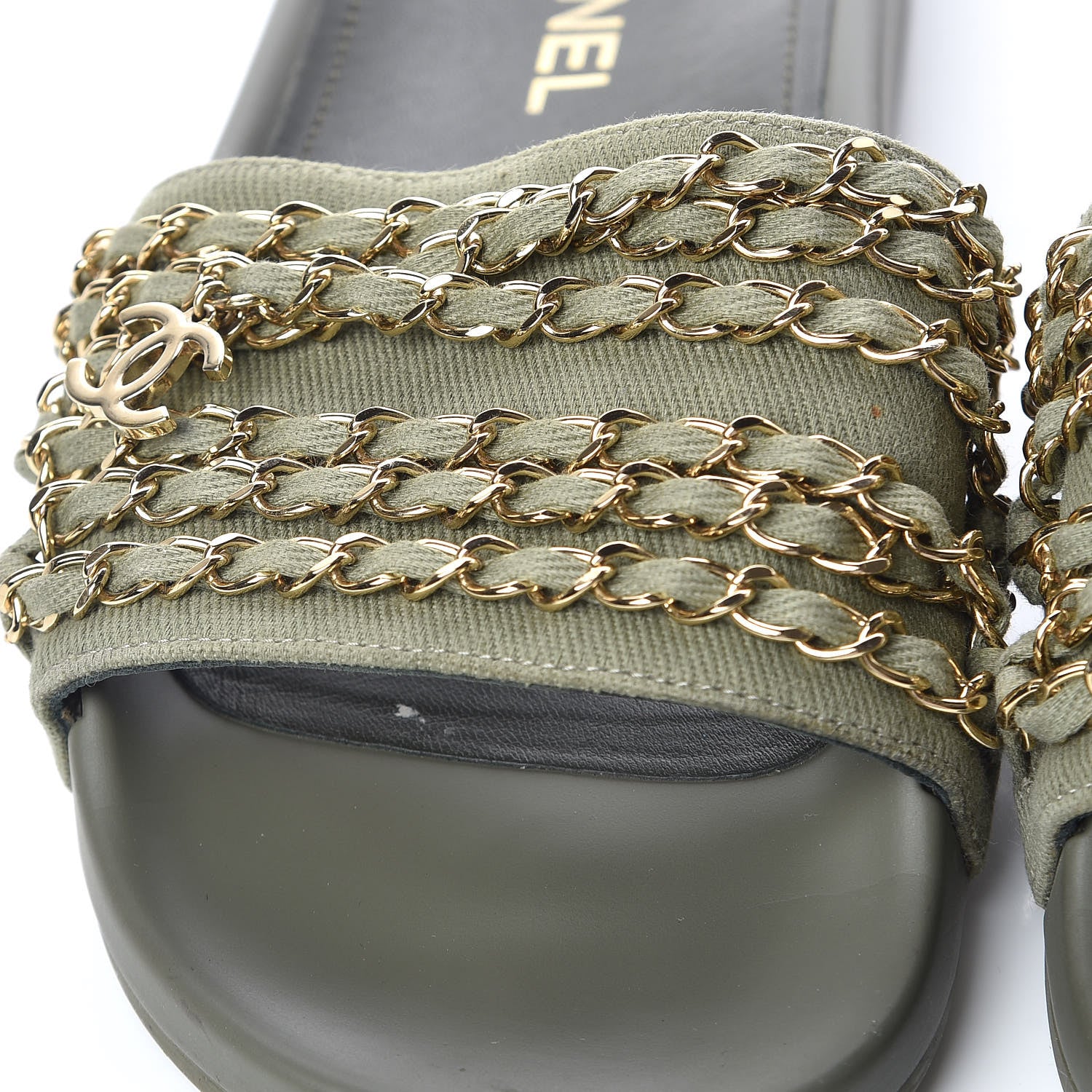 Chanel Canvas Chain Flat Sandals 39 Khaki 11 of 12