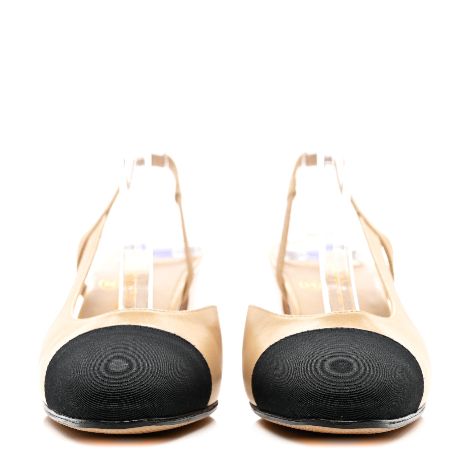 Chanel Goatskin Grosgrain Cap Toe CC Slingback Pumps 35 Beige Black 2 of 10