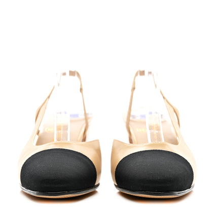 Chanel Goatskin Grosgrain Cap Toe CC Slingback Pumps 35 Beige Black 2 of 10