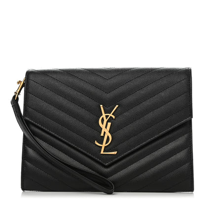 Saint Laurent Grain De Poudre Matelasse Chevron Monogram Envelope Clutch Black 1 of 8