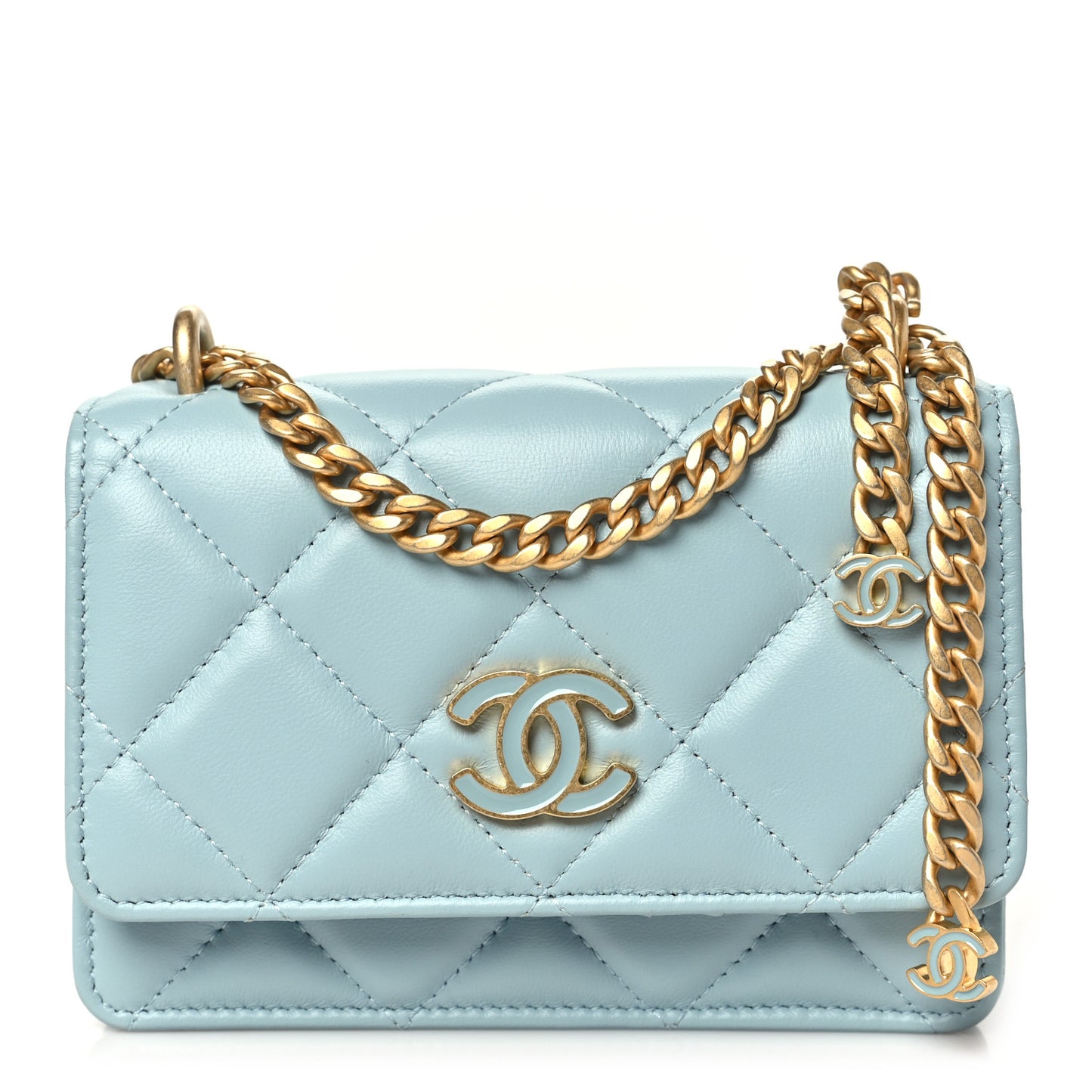 Lambskin Enamel Quilted Pending CC Clutch With Chain Light Blue