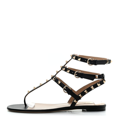 Valentino Garavani Nappa Rockstud Ankle Strap Flat Thong Sandals 39.5 Black 1 of 10