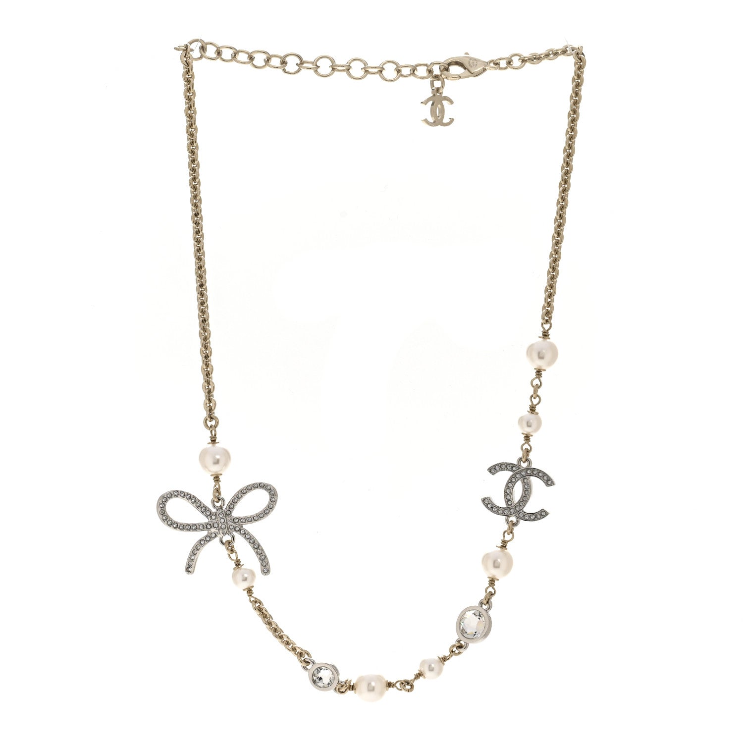 Chanel Pearl Crystal CC Bow Necklace Gold 3 of 6