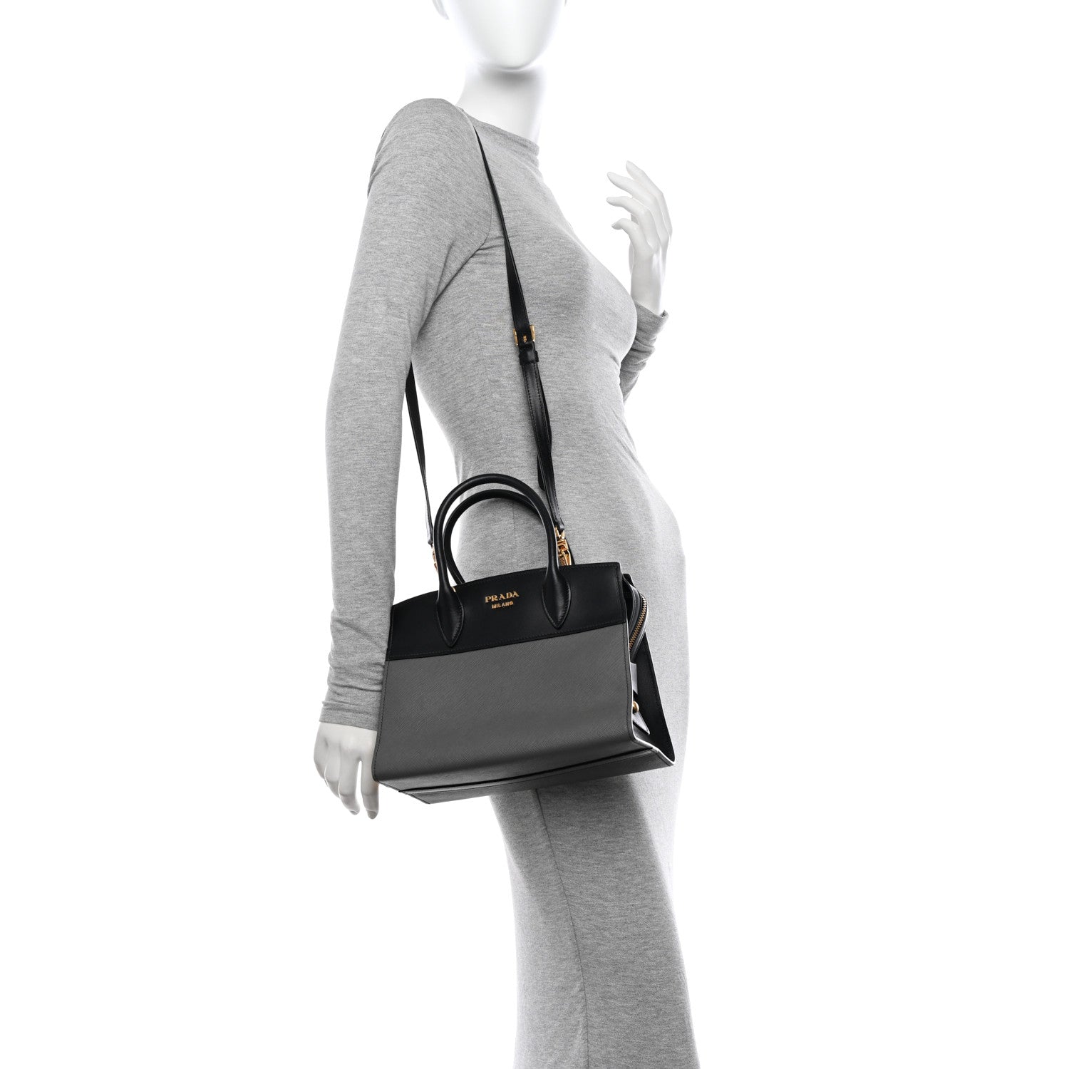 Prada Saffiano City Calfskin Small Esplanade Tote Mercurio Black 2 of 17