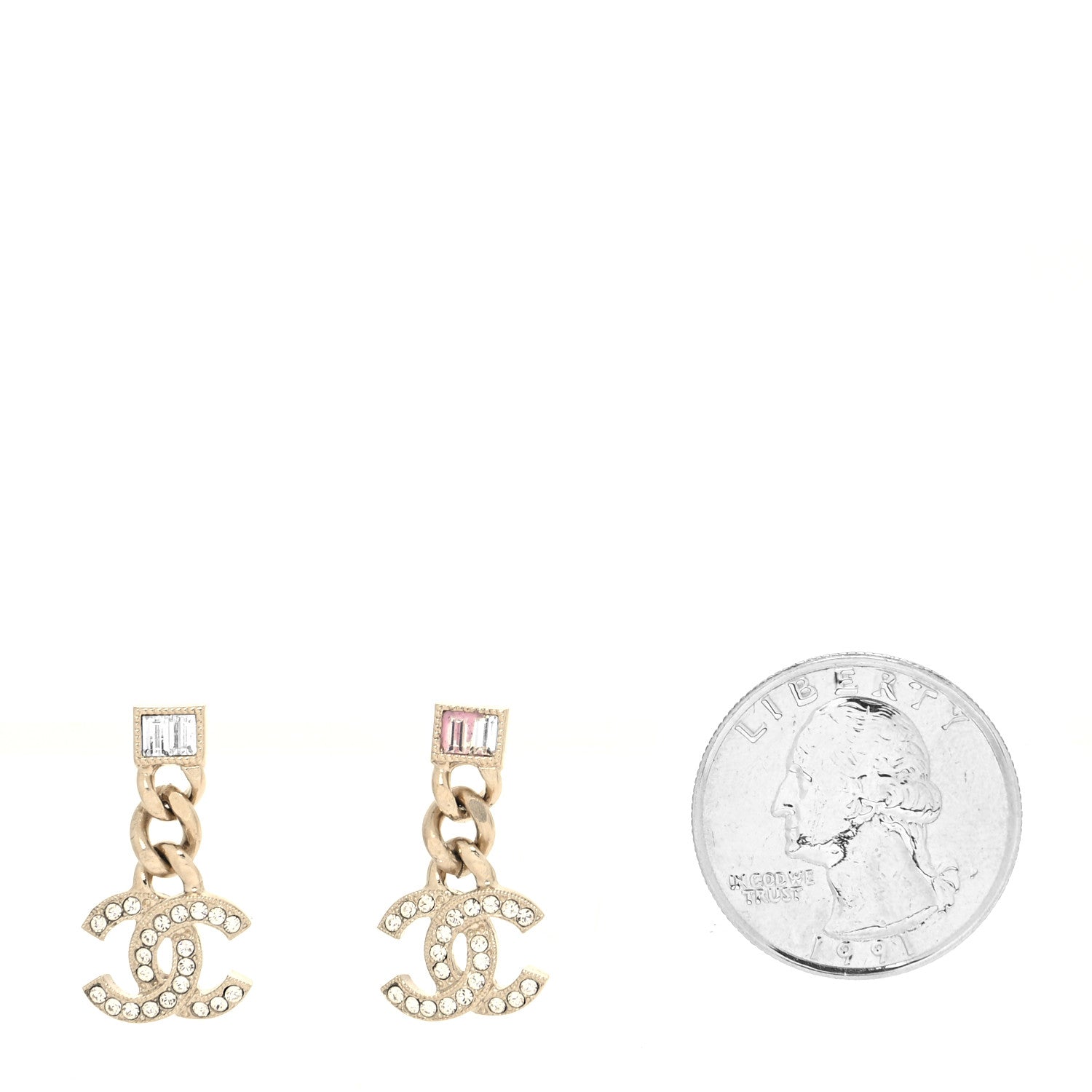 Chanel Metal Crystal Baguette CC Chain Drop Earrings Gold 2 of 4