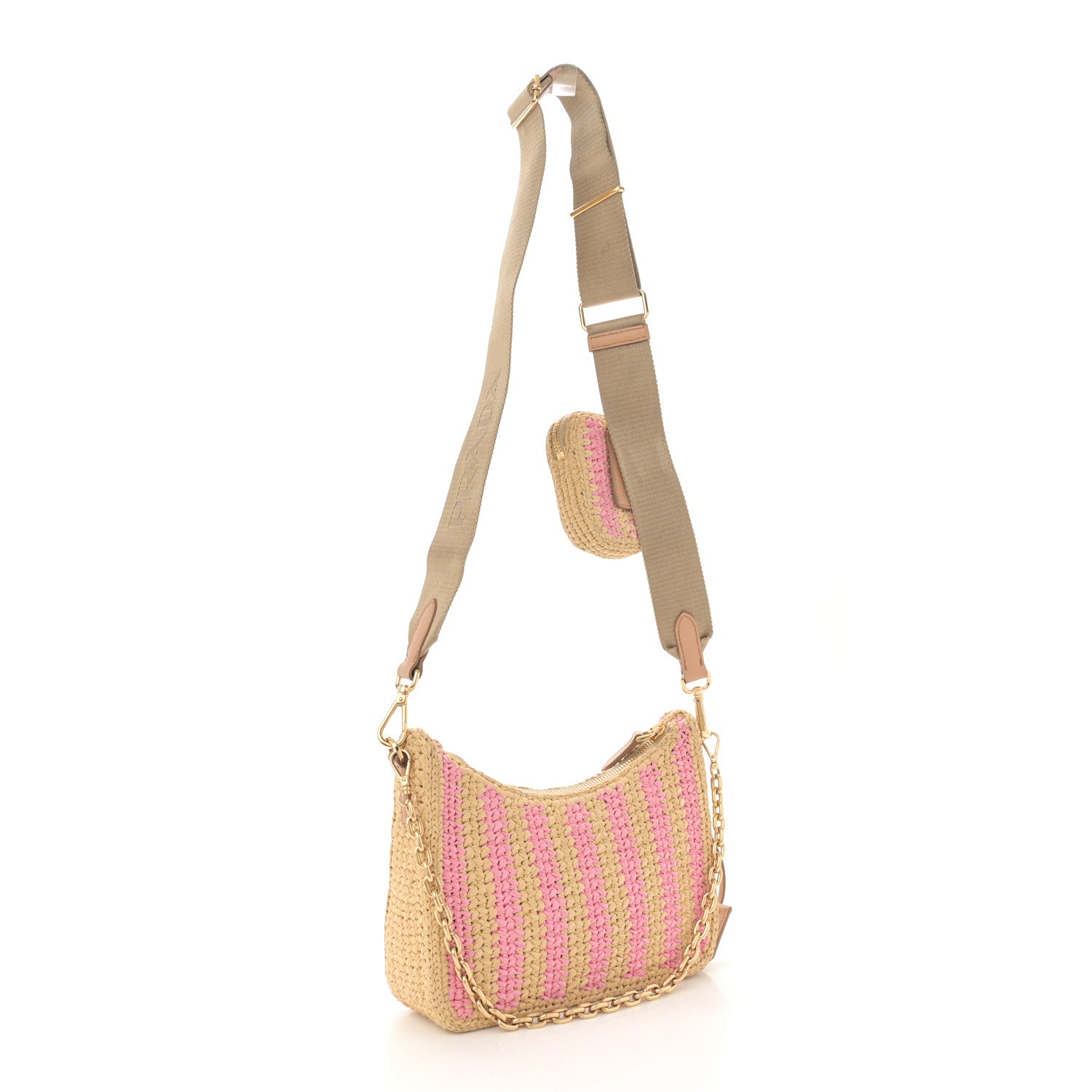 Prada Yarn Raffia Effect Crochet Striped Re-Edition 2005 Shoulder Bag Naturale Petalo 3 of 11