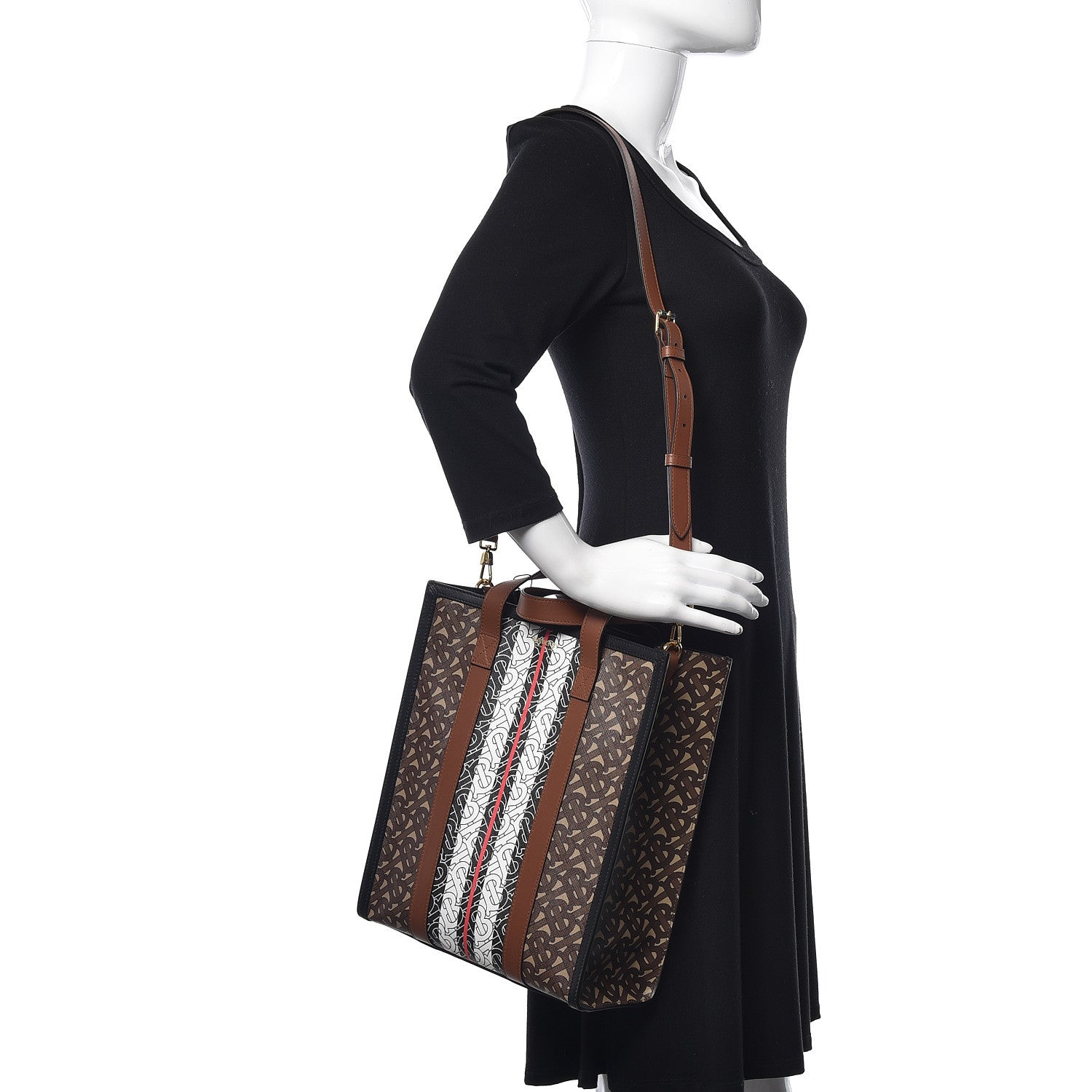 Burberry E-Canvas Monogram Stripe Portrait Tote Bag Bridle Brown 2 of 14