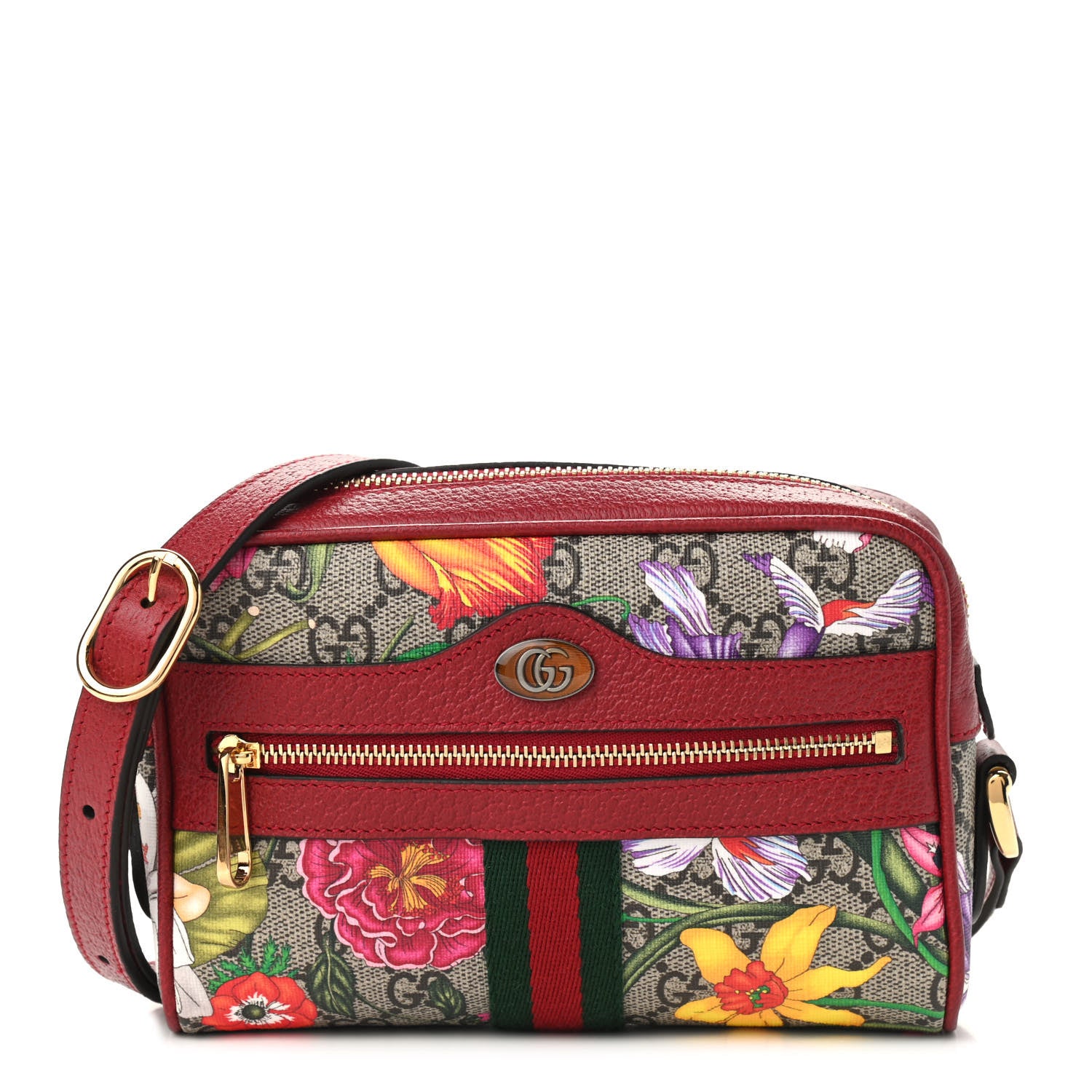 Gucci GG Supreme Monogram Flora Web Mini Ophidia Shoulder Bag Red 1 of 9