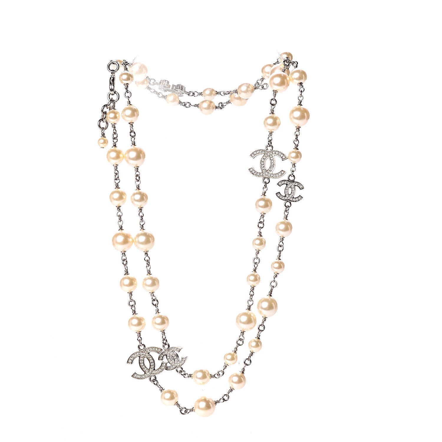 Chanel Crystal Pearl CC Long Necklace Silver 2 of 4