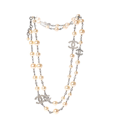 Chanel Crystal Pearl CC Long Necklace Silver 2 of 4