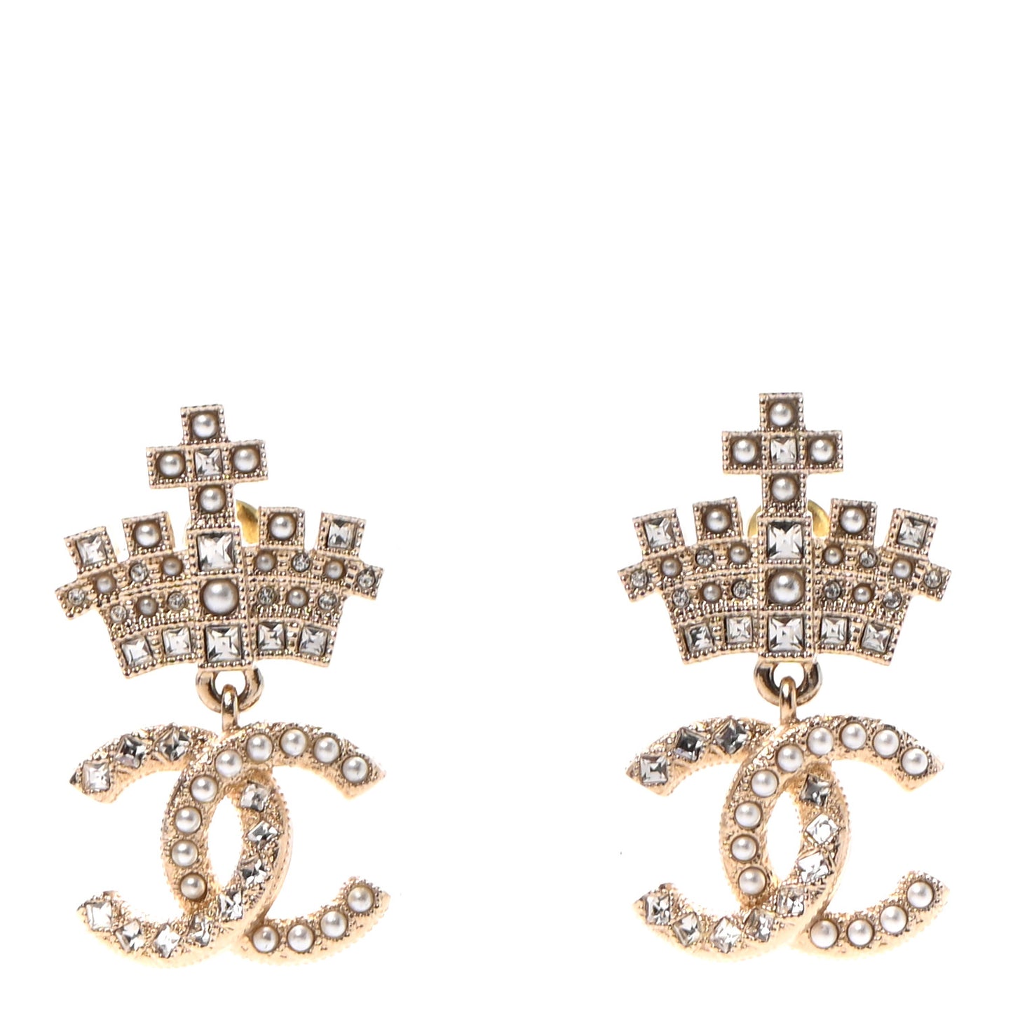 Crystal CC Crown Drop Earrings Gold