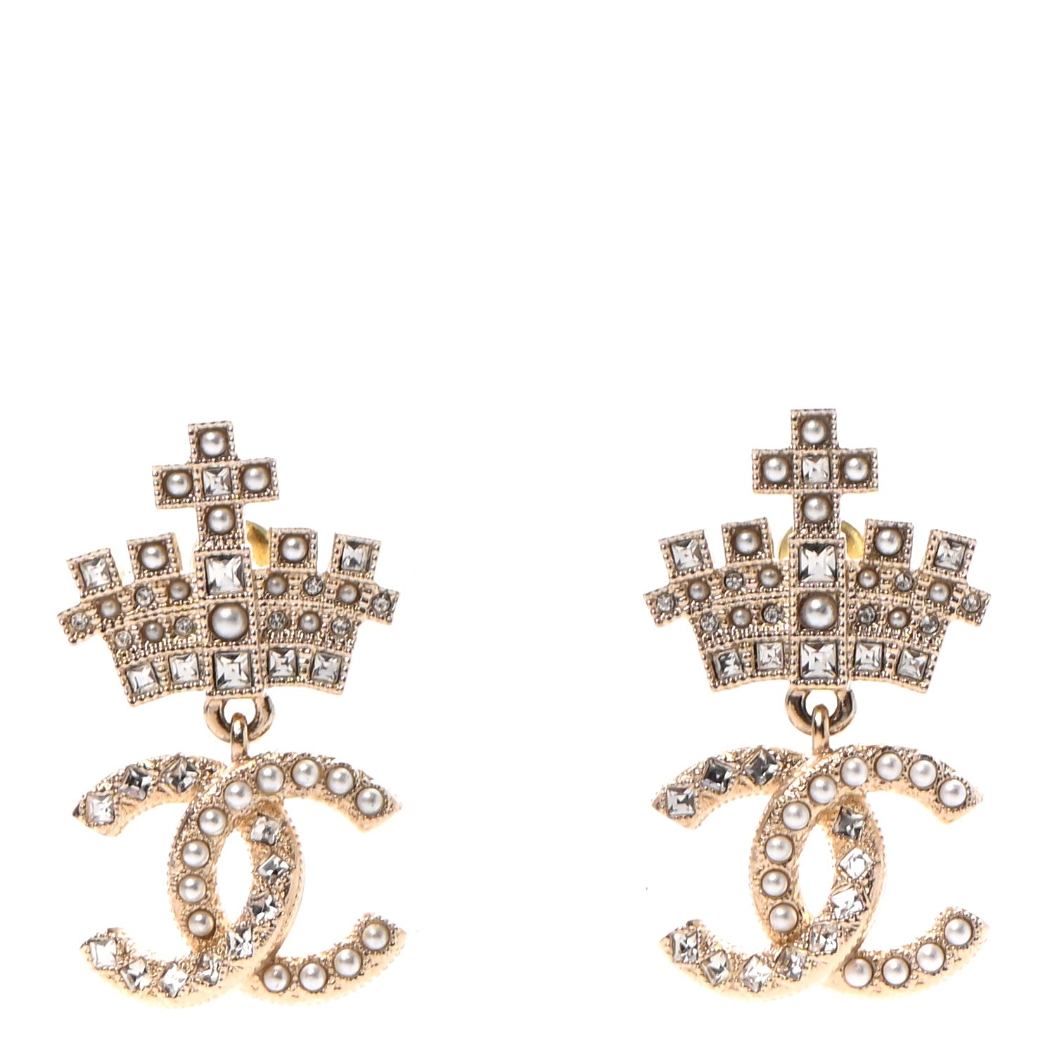 Chanel Crystal CC Crown Drop Earrings Gold 1 of 4