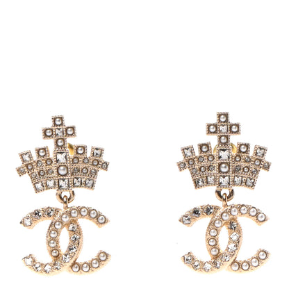 Chanel Crystal CC Crown Drop Earrings Gold 1 of 4