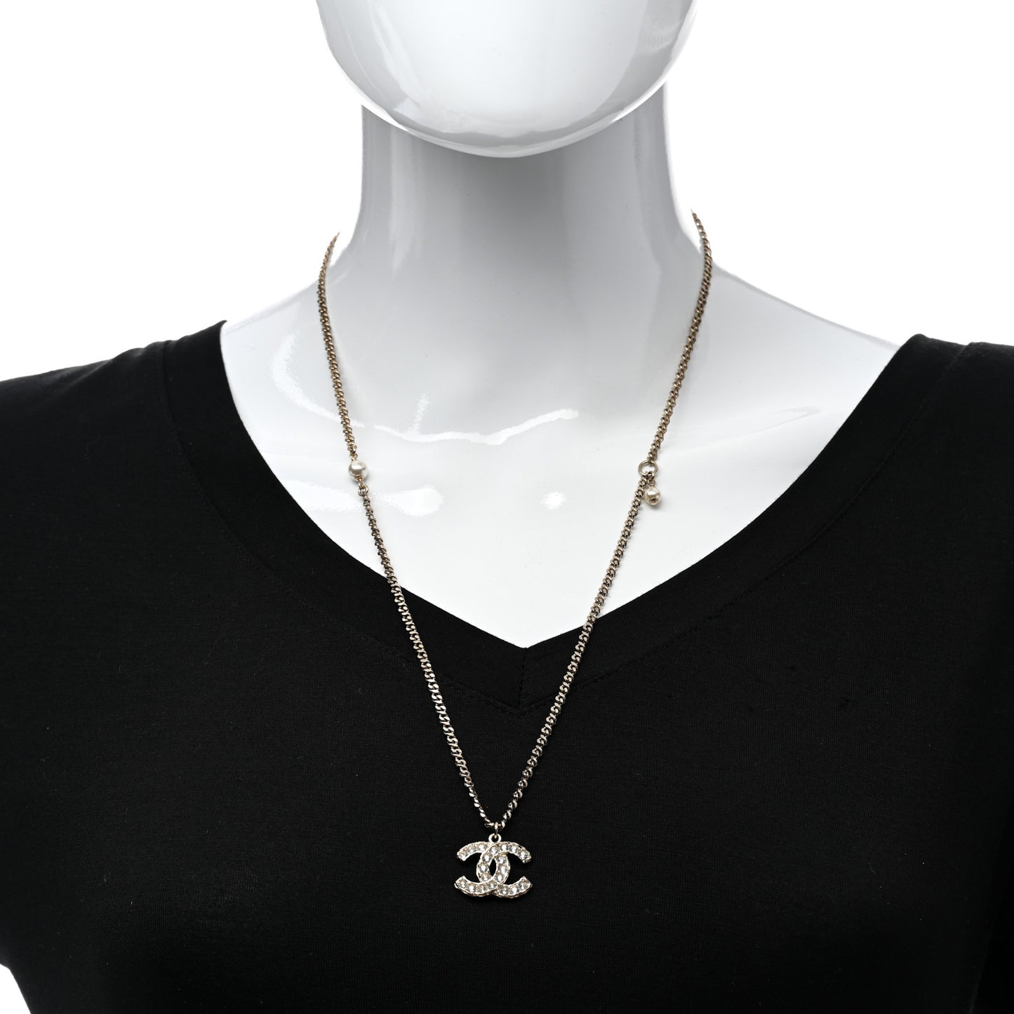 Metal Pearl Crystal CC Textured Pendant Necklace Gold