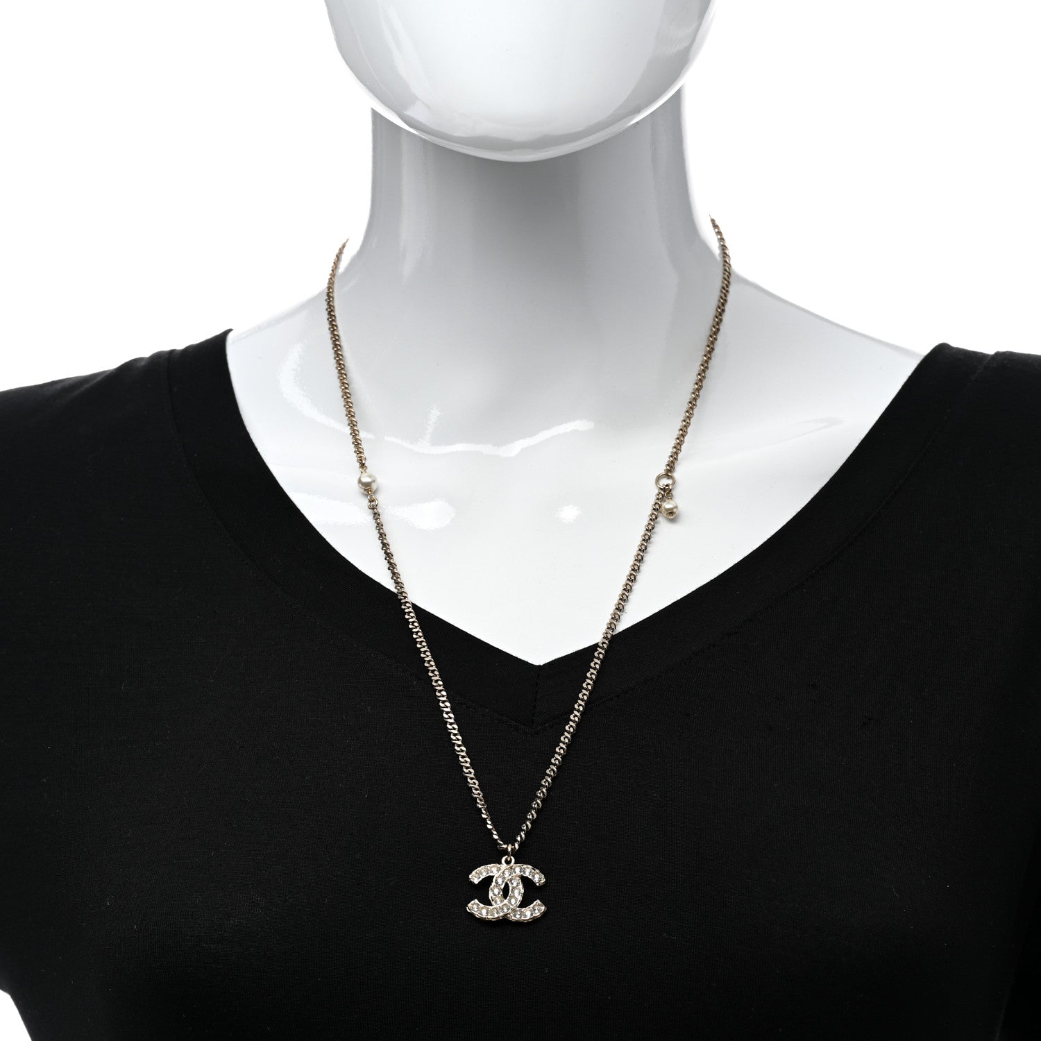Chanel Metal Pearl Crystal CC Textured Pendant Necklace Gold 2 of 5