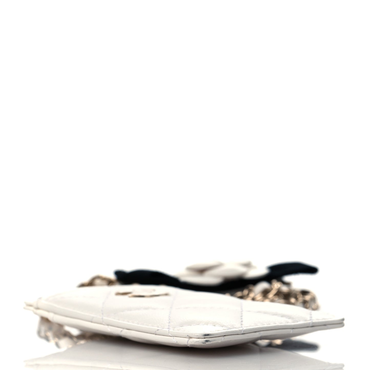 Lambskin Quilted Camellia Bow Card Holder On Chain White