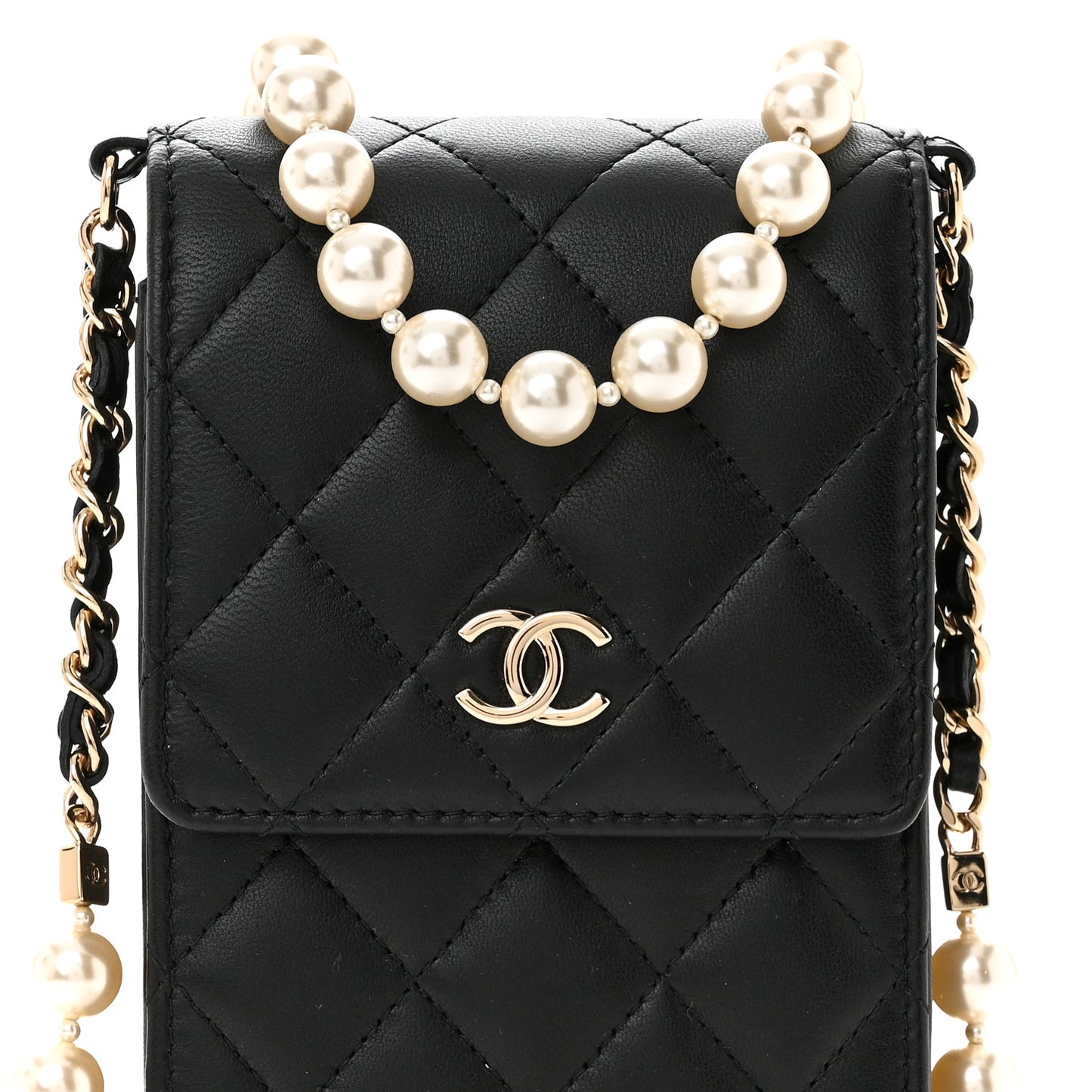 Lambskin Quilted Pearl Phone Holder With Chain Black