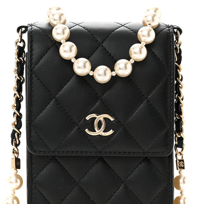 Chanel Lambskin Quilted Pearl Phone Holder With Chain Black 9 of 11