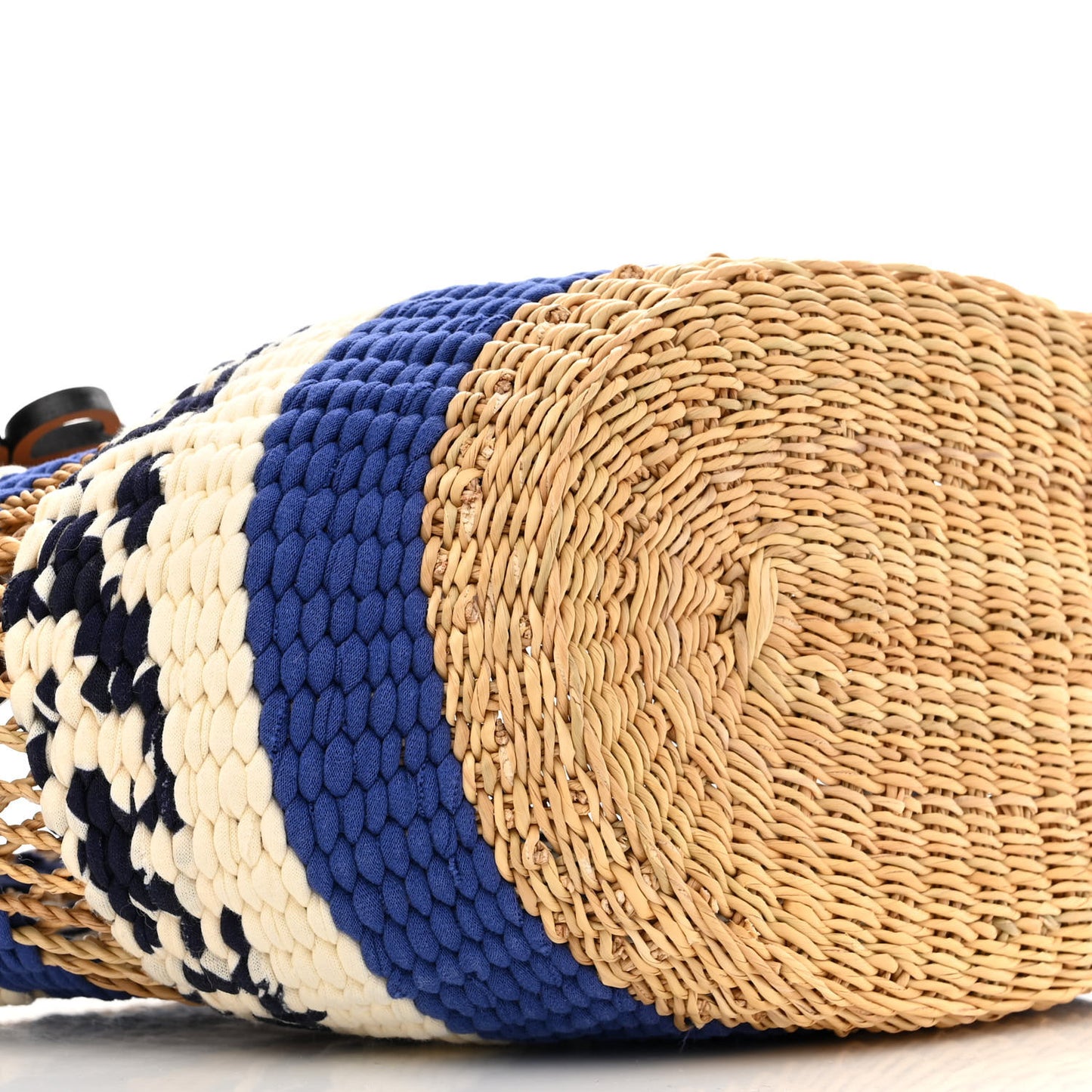 Elephant Grass Fabric Calfskin Woven Basket Tote Natural Blue