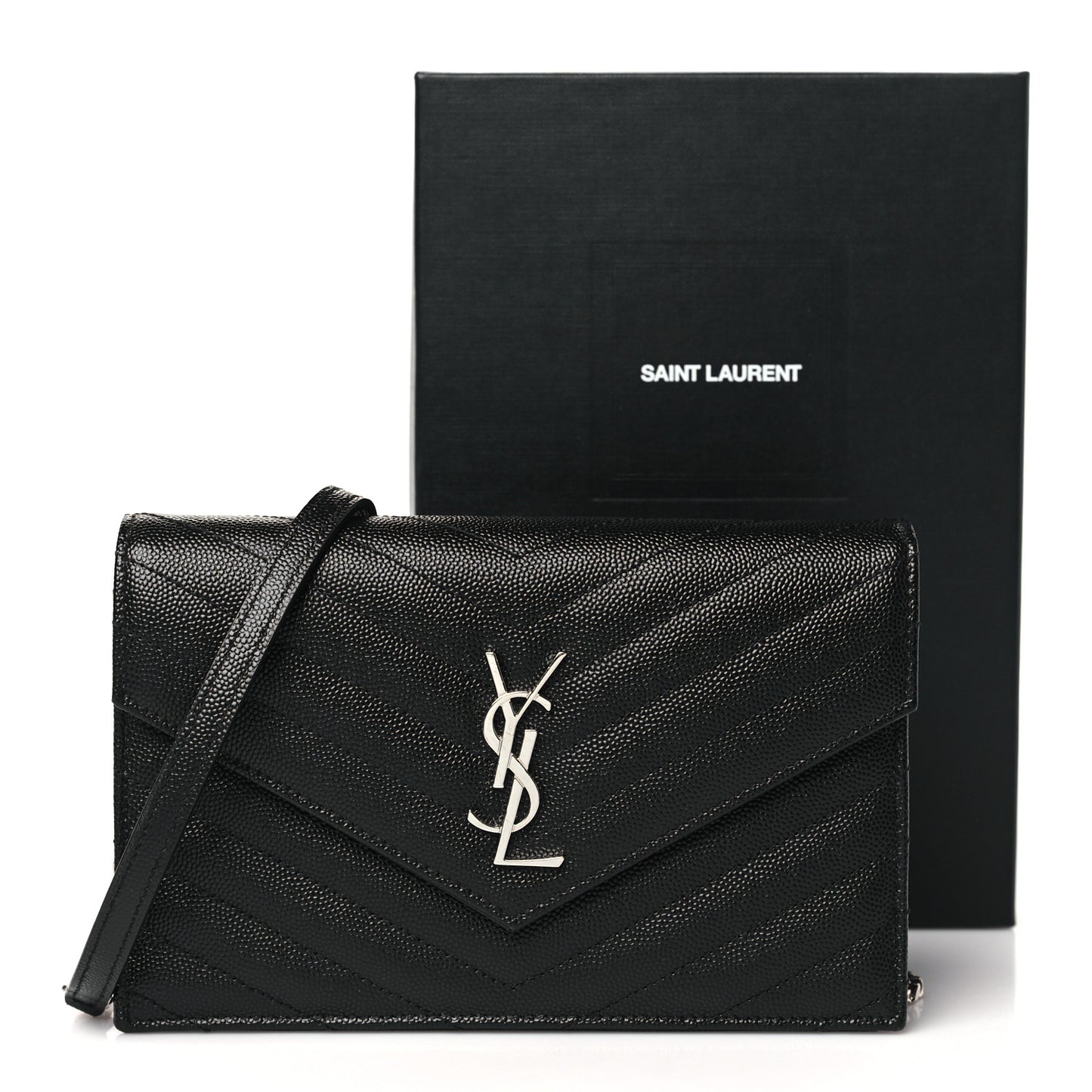 Grain De Poudre Matelasse Chevron Monogram Envelope Chain Wallet Black