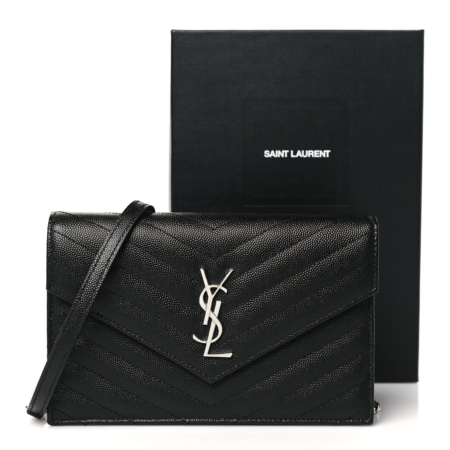 Saint Laurent Grain De Poudre Matelasse Chevron Monogram Envelope Chain Wallet Black 10 of 10