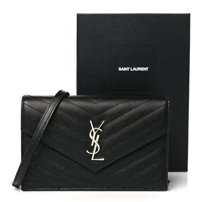 Saint Laurent Grain De Poudre Matelasse Chevron Monogram Envelope Chain Wallet Black 10 of 10
