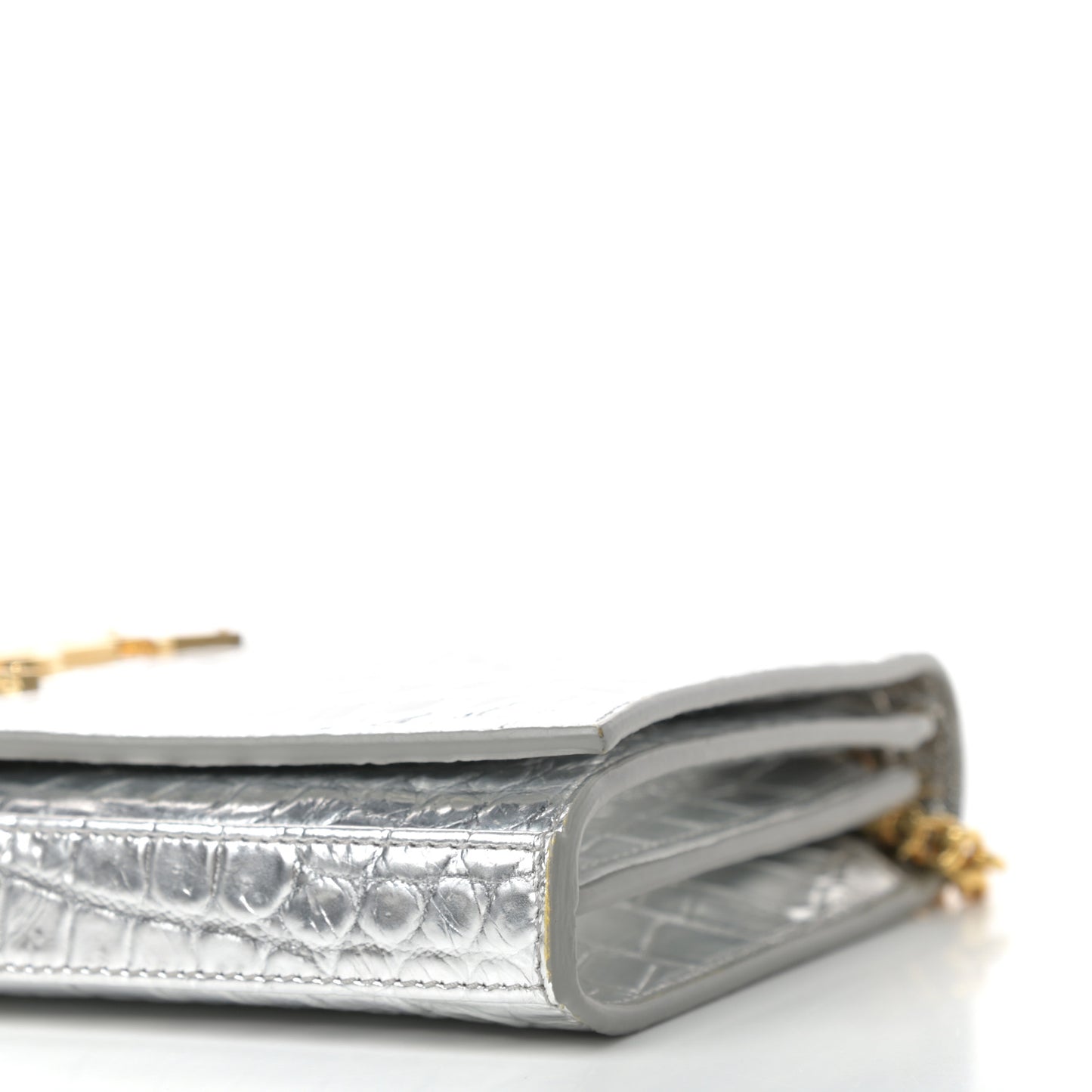 Calfskin Crocodile Embossed Monogram Chain Wallet Argento