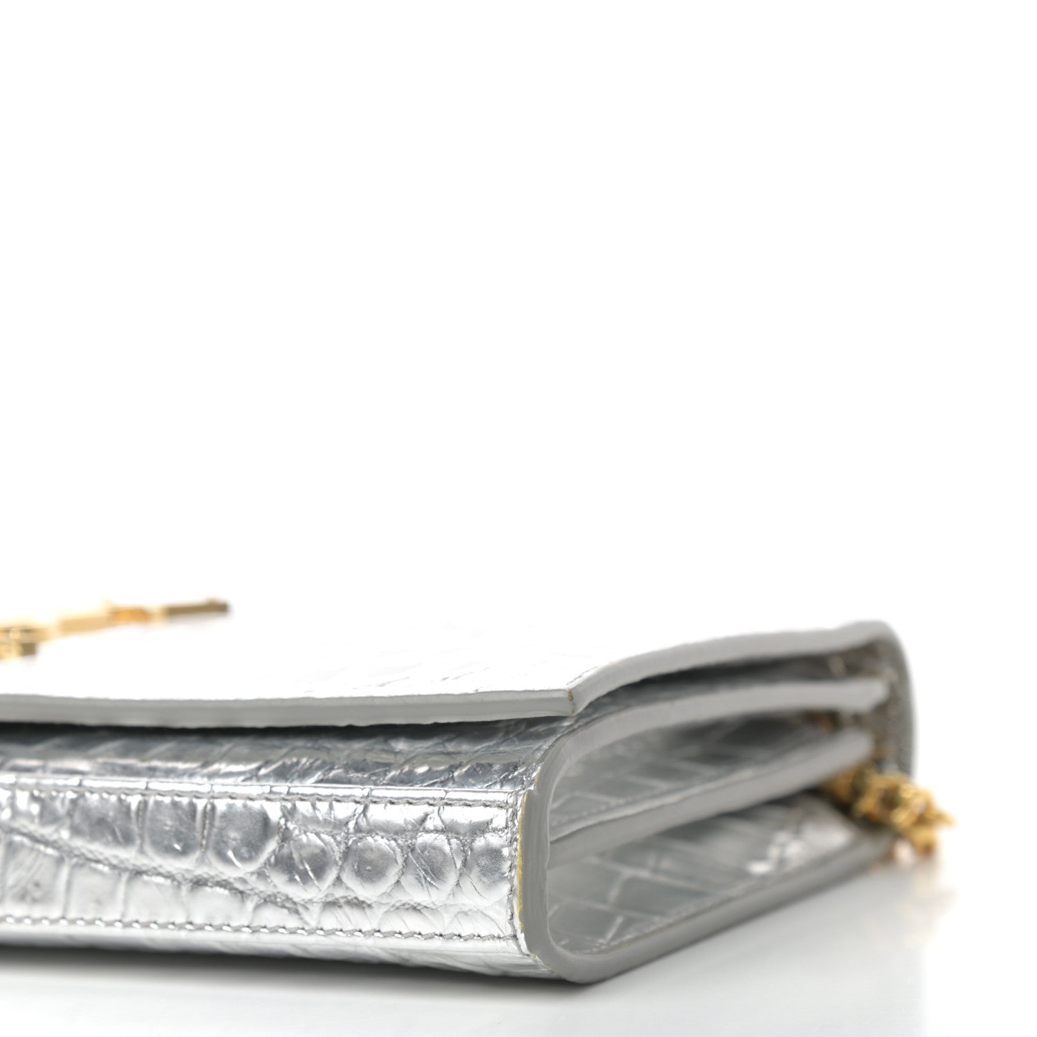 Saint Laurent Calfskin Crocodile Embossed Monogram Chain Wallet Argento 9 of 10