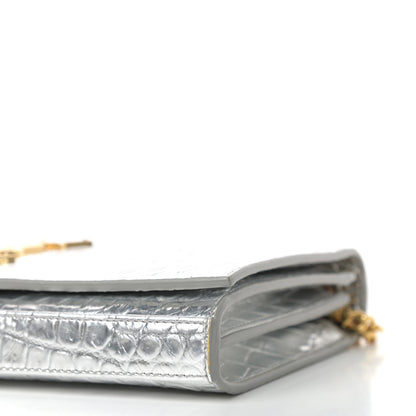Saint Laurent Calfskin Crocodile Embossed Monogram Chain Wallet Argento 9 of 10