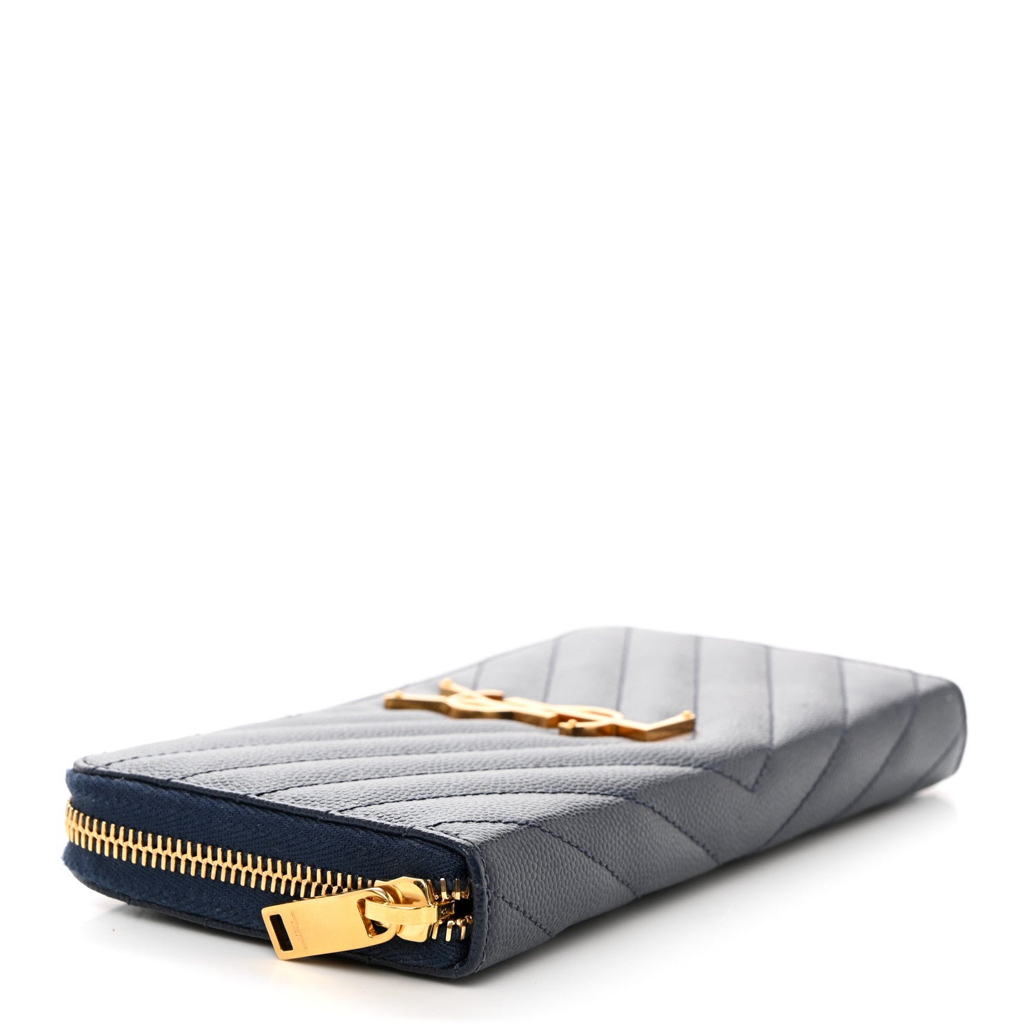 Saint Laurent Grain De Poudre Matelasse Chevron Monogram Zip Around Wallet Navy 4 of 6
