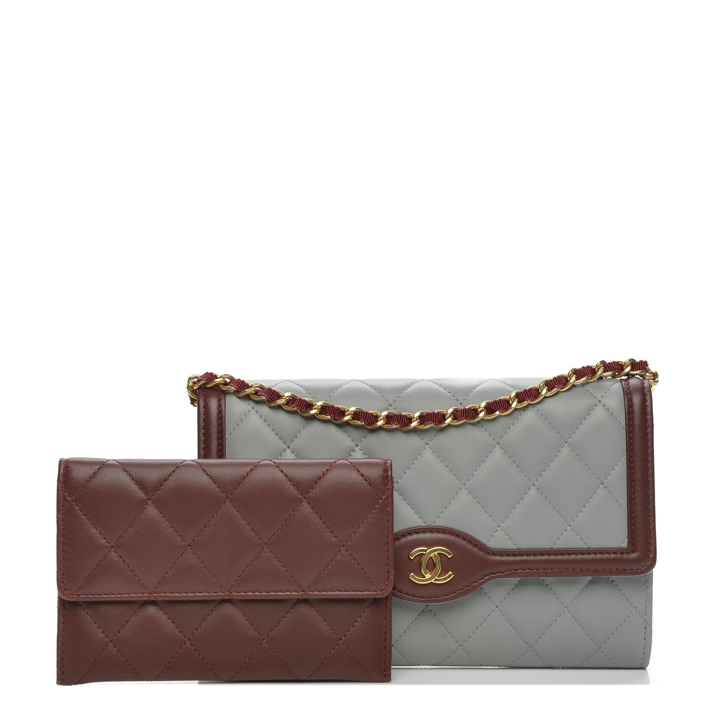 Lambskin Quilted Wallet With Removable Chain Grey Burgundy