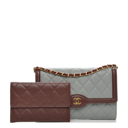Chanel Lambskin Quilted Wallet With Removable Chain Grey Burgundy 3 of 10