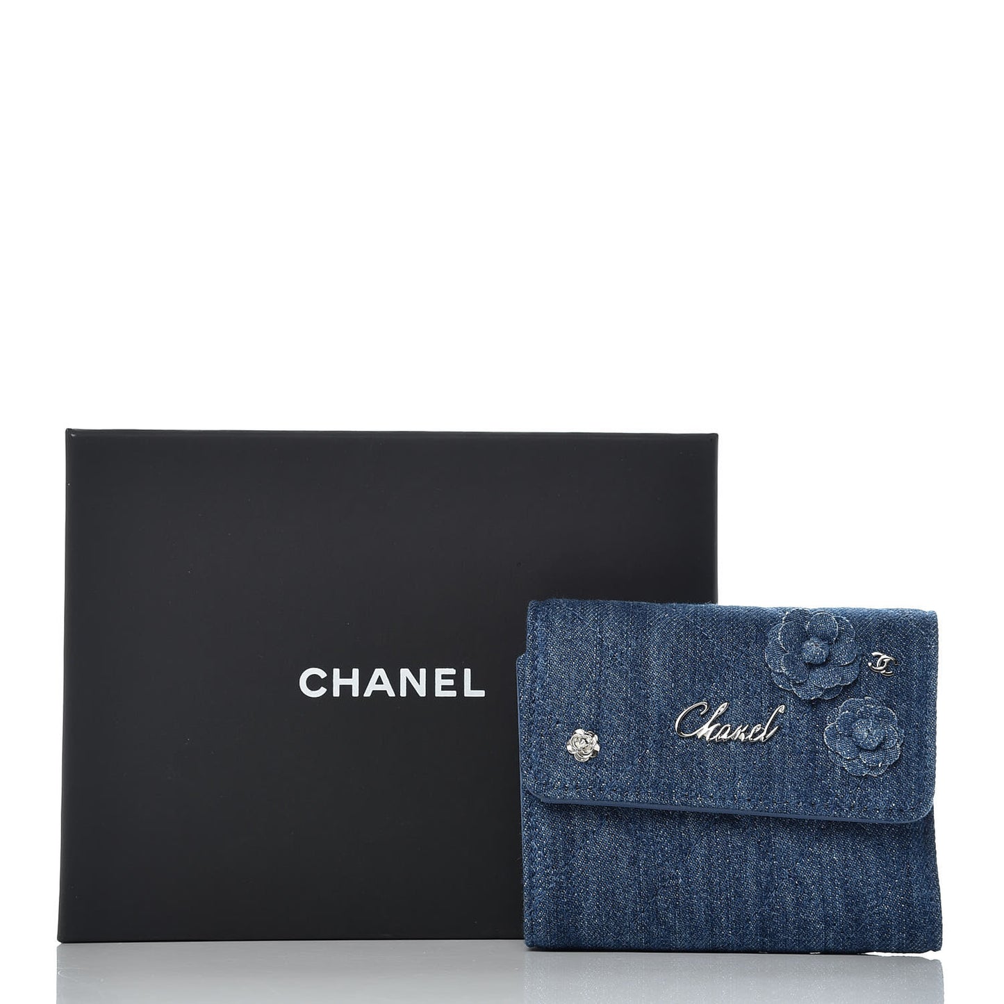 Denim Quilted Small Camellia Flap Wallet Blue