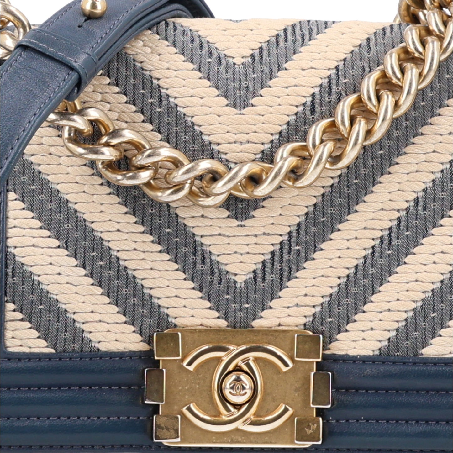Fabric Chevron Braided Small Boy Flap Blue Ivory
