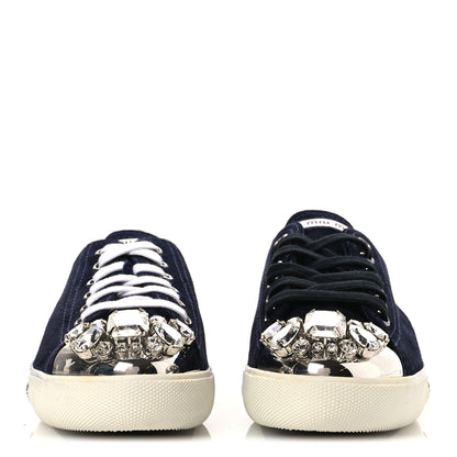 Miu Miu Camoscio Crystal Embellished Womens Low Top Sneakers 38 Navy 3 of 11