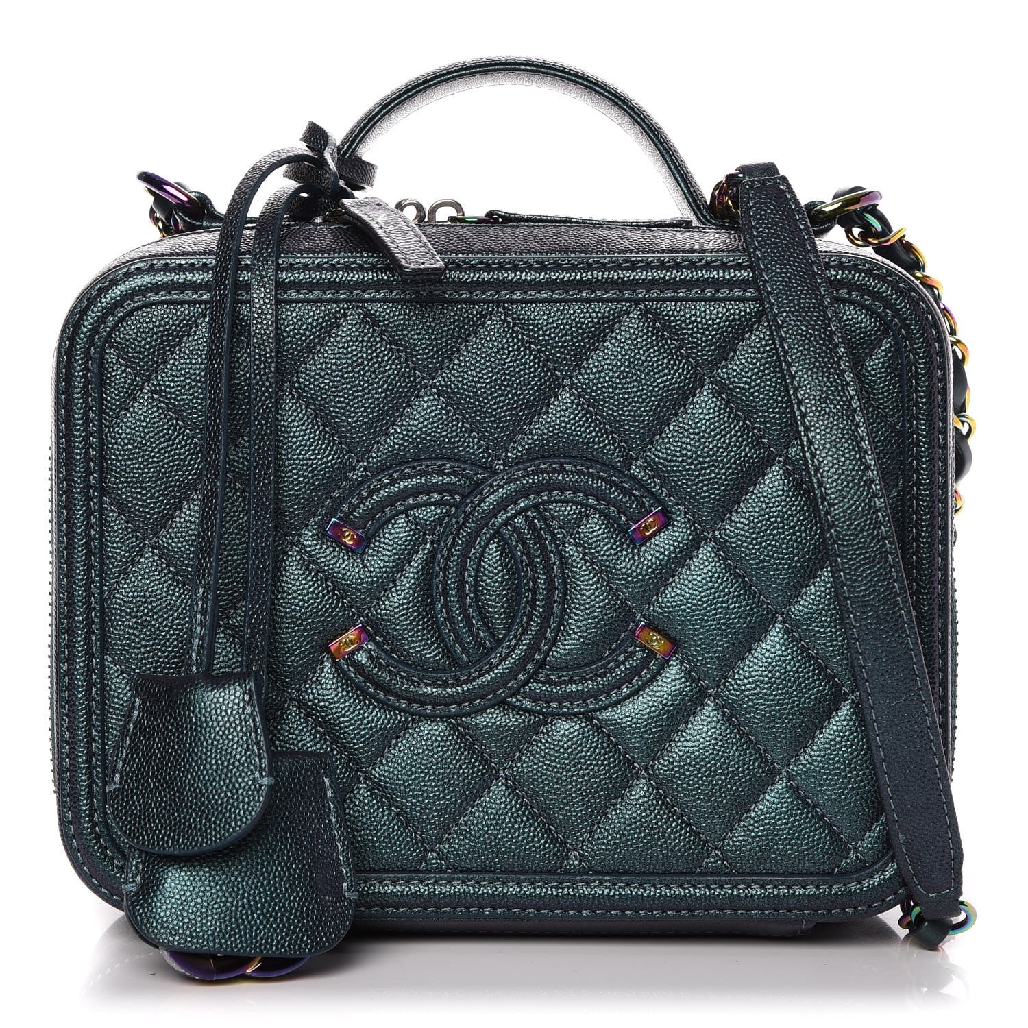 Chanel Iridescent Caviar Quilted Medium CC Filigree Vanity Case Dark Turquoise 1 of 10