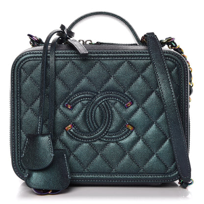 Chanel Iridescent Caviar Quilted Medium CC Filigree Vanity Case Dark Turquoise 1 of 10