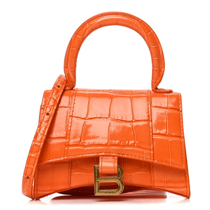 Balenciaga Shiny Calfskin Crocodile Embossed Hourglass Top Handle Bag Mini Orange 1 of 6