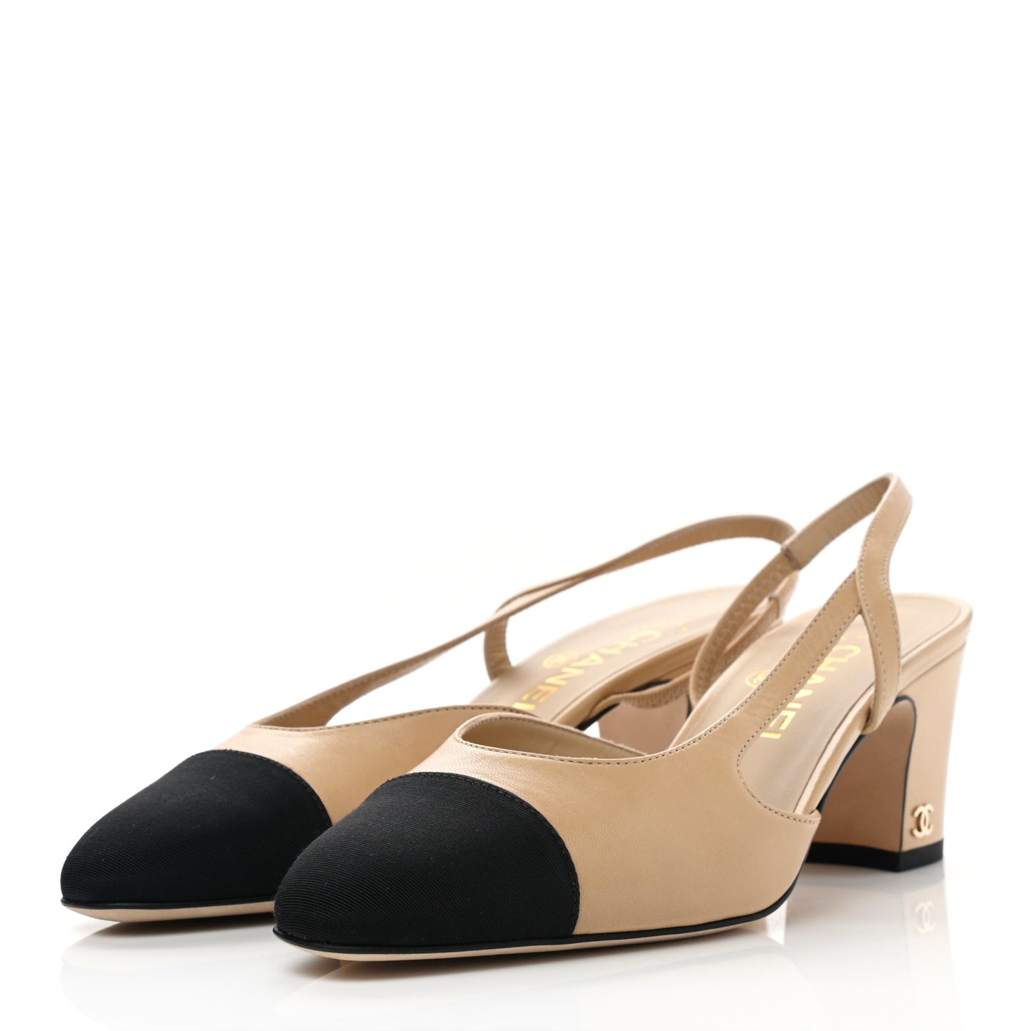 Goatskin Grosgrain Cap Toe CC Slingback Pumps 37 Beige Black