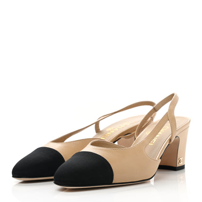 Chanel Goatskin Grosgrain Cap Toe CC Slingback Pumps 37 Beige Black 5 of 18
