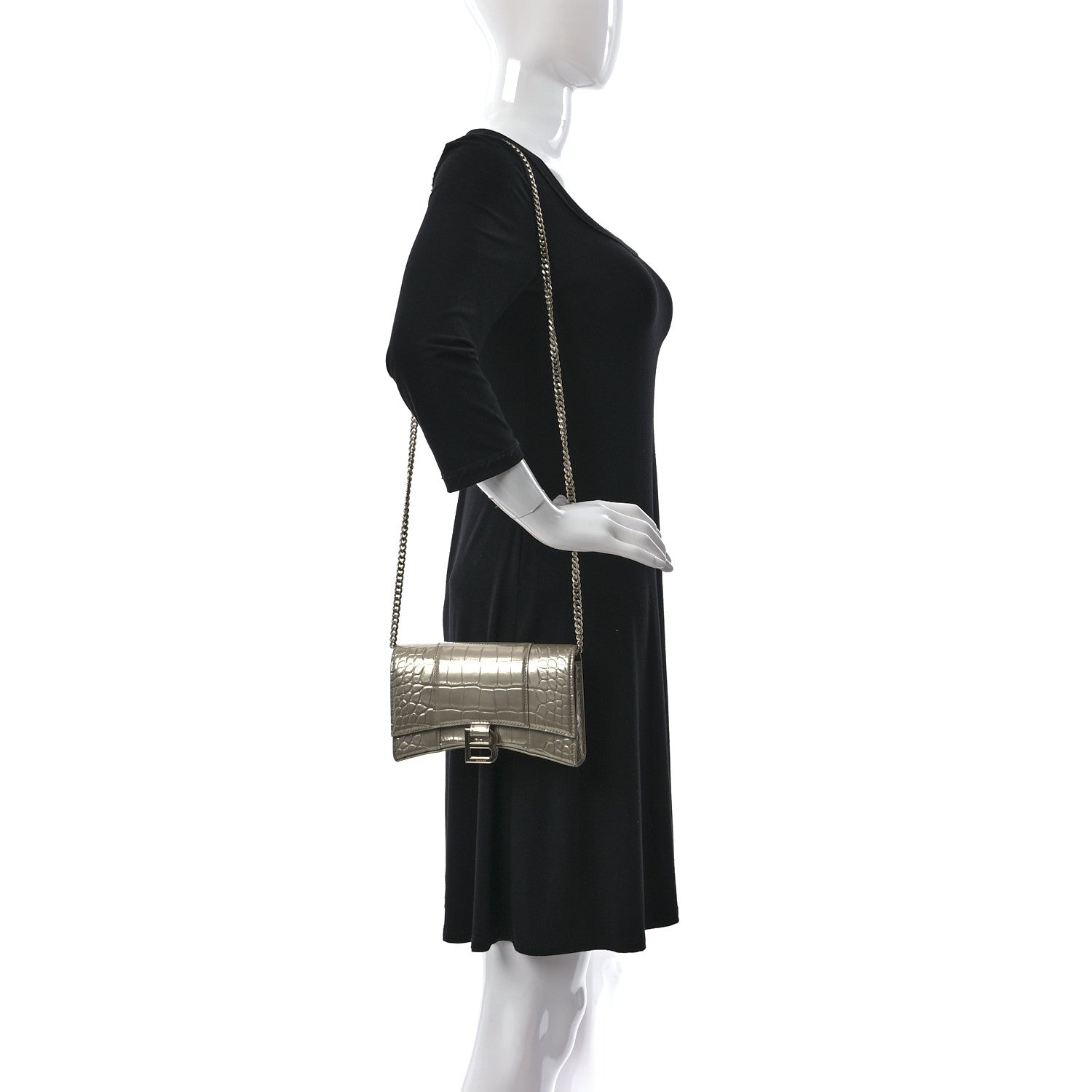 Balenciaga Shiny Calfskin Crocodile Embossed Hourglass Chain Bag Light Gold 2 of 10