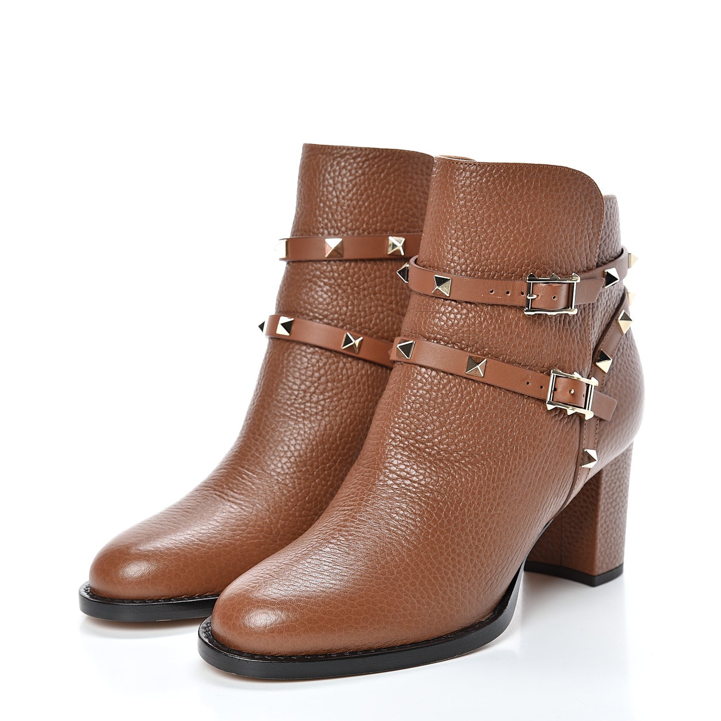 Pebbled Calfskin Rockstud Double Buckle 70mm Block Heel Ankle Boots 37 Tobacco