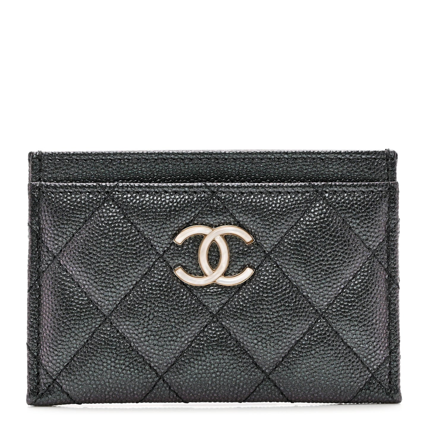 Iridescent Caviar Quilted Card Holder Black