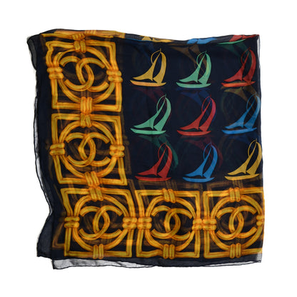 Chanel Silk Chiffon Sailboat Scarf Navy 1 of 6