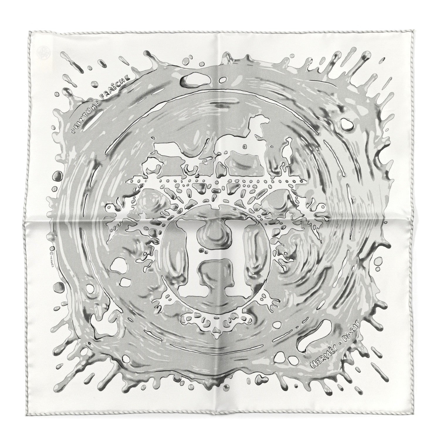 Hermes Silk Peinture Fraiche Pocket Square White Gris Perle 1 of 5