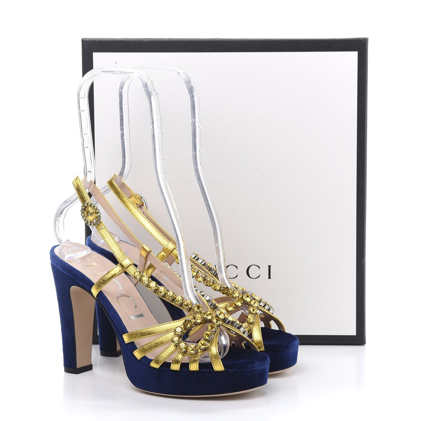 Velvet Nappa Crystal Zephyra Slingback Platform High Heel Sandals 37 Blue Gold