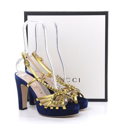 Gucci Velvet Nappa Crystal Zephyra Slingback Platform High Heel Sandals 37 Blue Gold 8 of 8