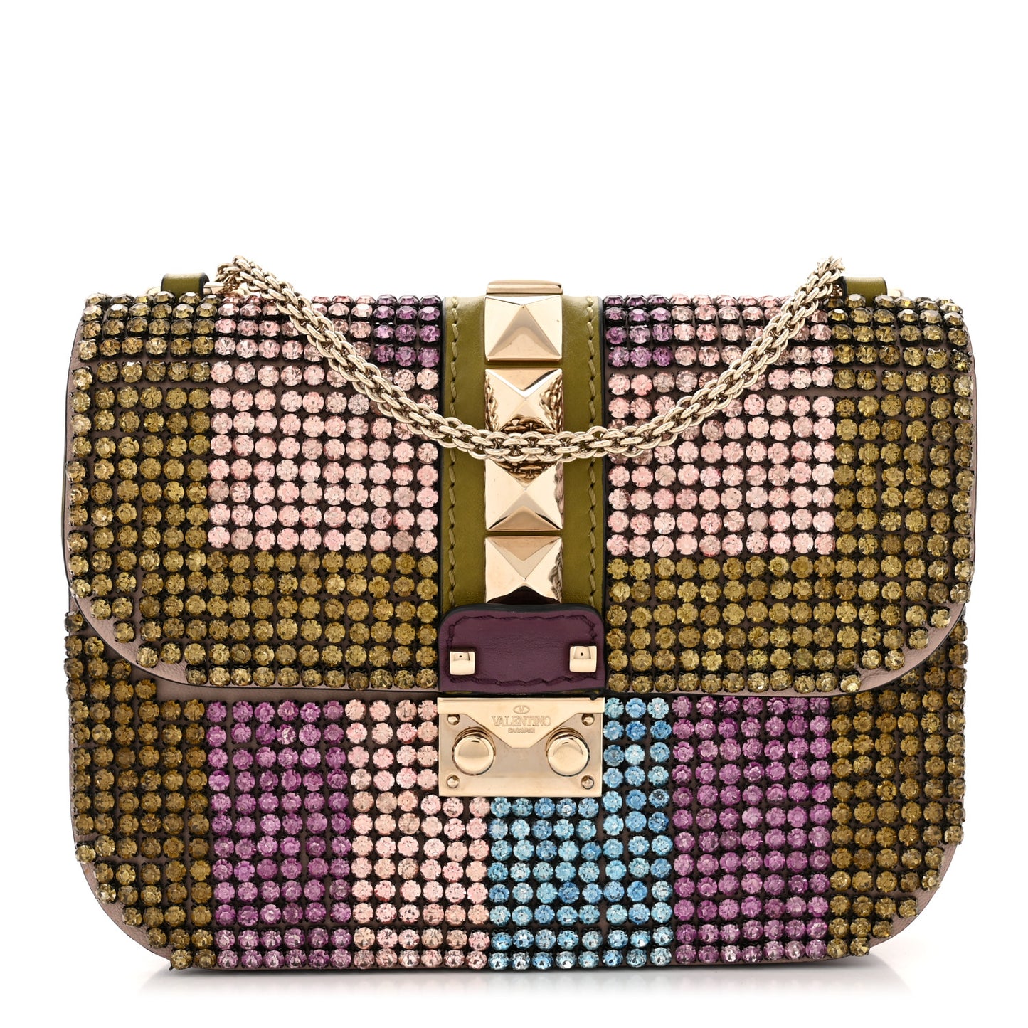 Vitello Crystal Embellished Small Glam Lock Rockstud Flap Green Multicolor